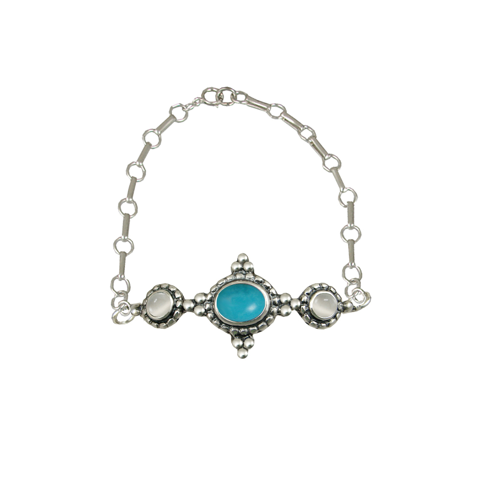 Sterling Silver Gemstone Adjustable Chain Bracelet With Turquoise And White Moonstone